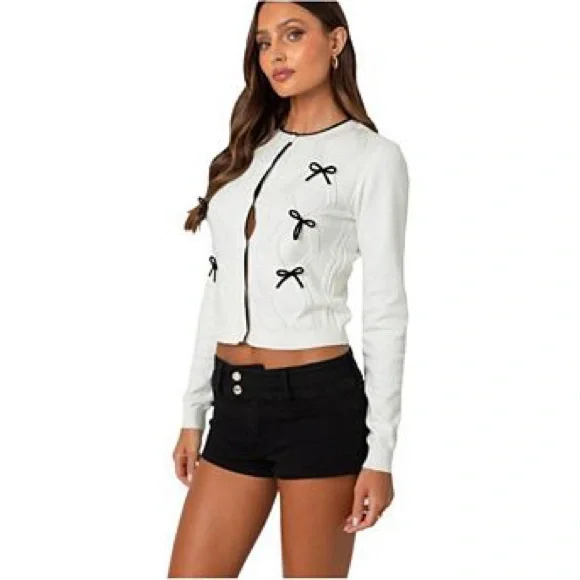 NWT Edikted White Cardigan with Black Bow Accents - Picture 3 of 5